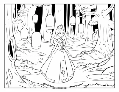 Coloriage de reine pour enfants : Une reine se promène dans une forêt illuminée de lanternes avec de grands arbres mystérieux