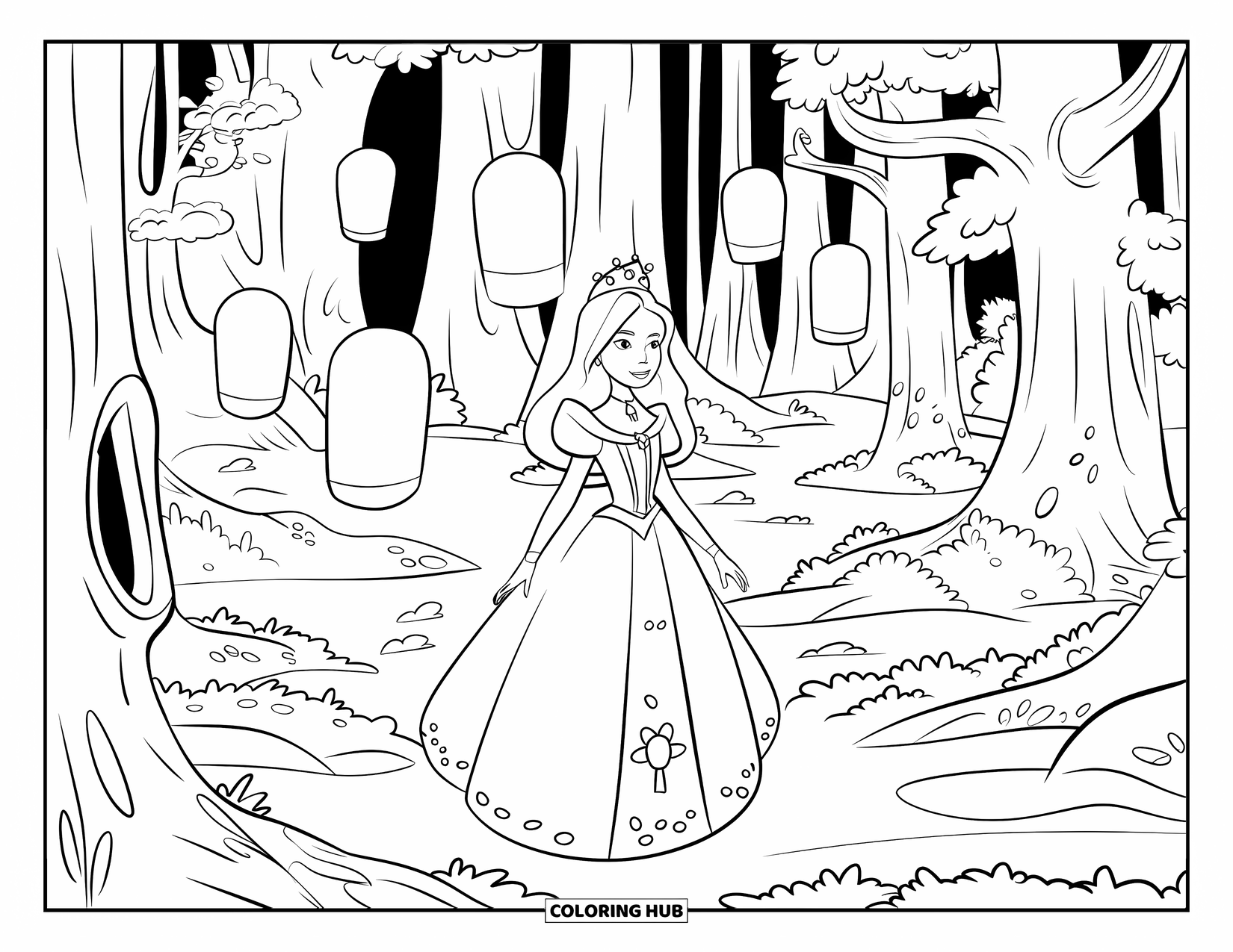 Queen Coloring Page for Kids: A queen wanders through a lantern-filled forest with tall, mysterious trees