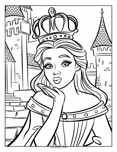 Coloriage de reine pour enfants : Une reine avec une grande couronne envoie un baiser près des tours d'un château