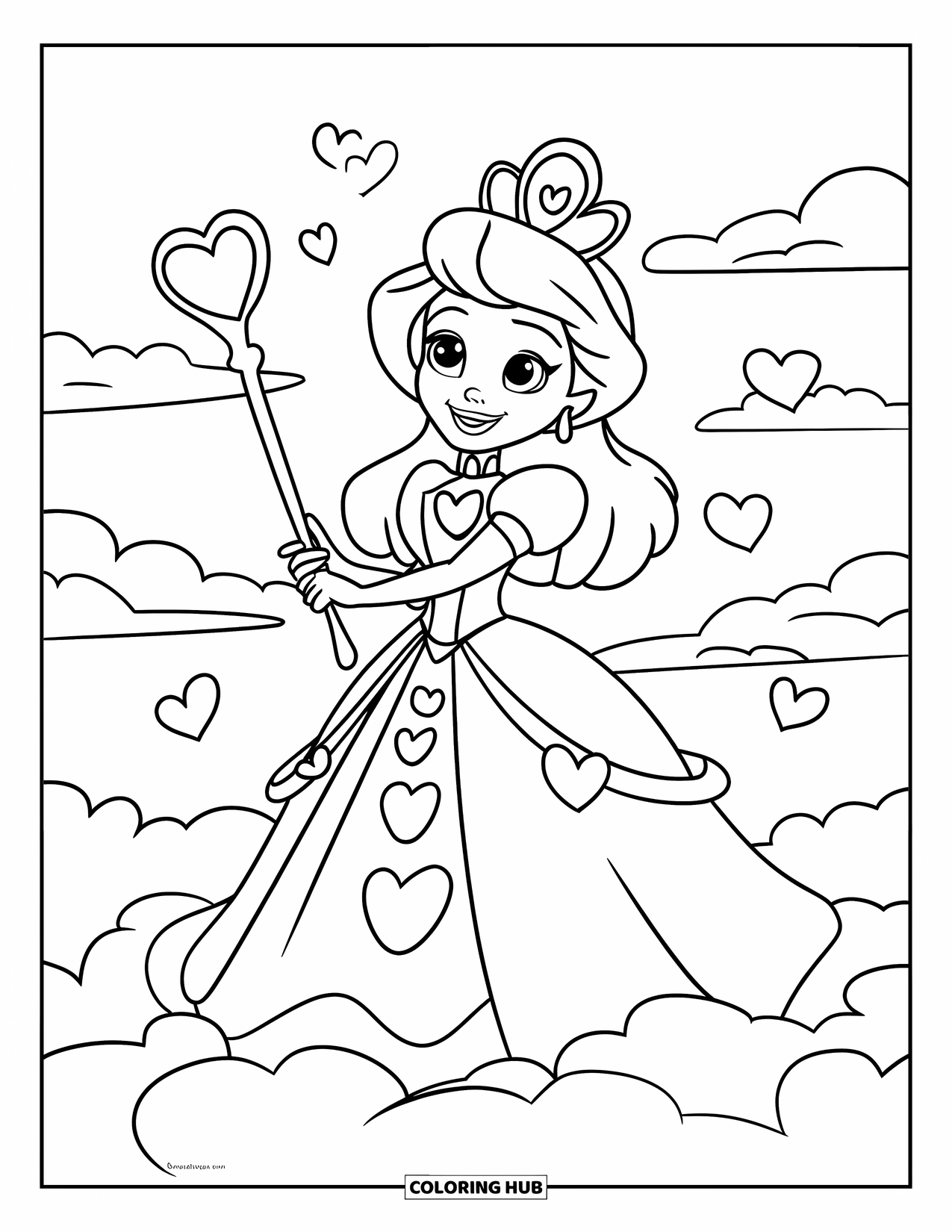 Queen Coloring Page for Kids: A queen with a heart-themed gown holds a scepter among floating hearts in the clouds