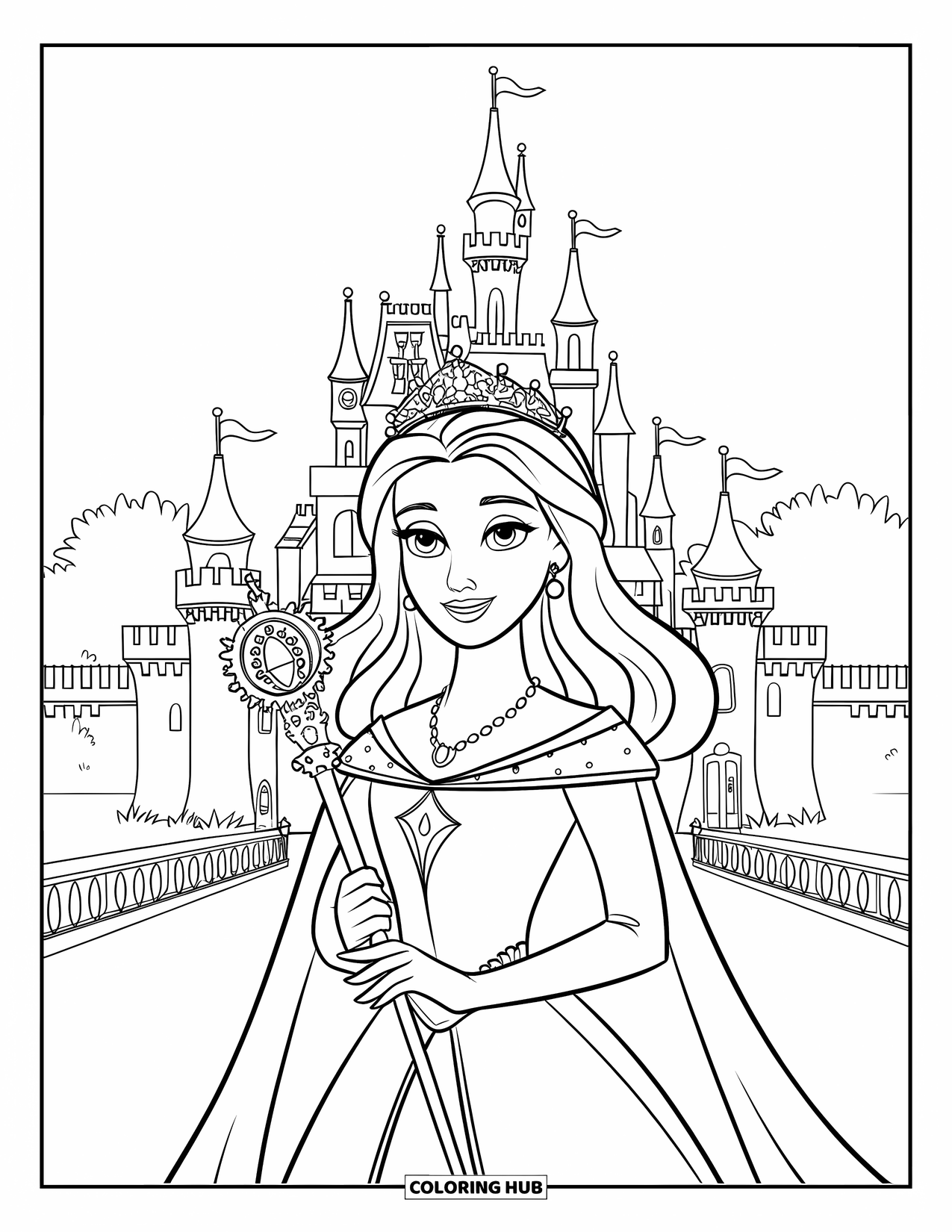 Queen Coloring Page for Kids: A queen with flowing hair holds a scepter in front of castle towers