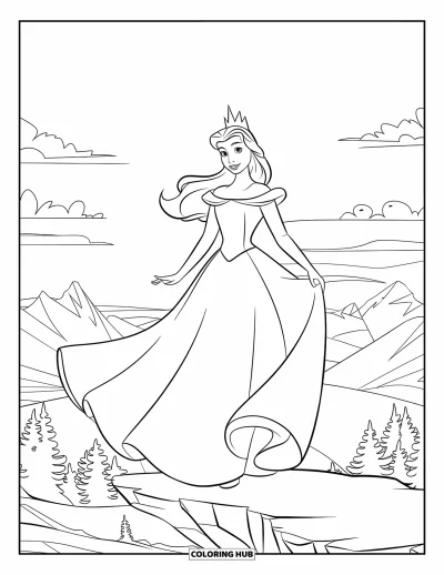 Coloriage de reine pour enfants : Une reine aux cheveux ondoyants se tient sur un rebord de montagne surplombant un vaste paysage