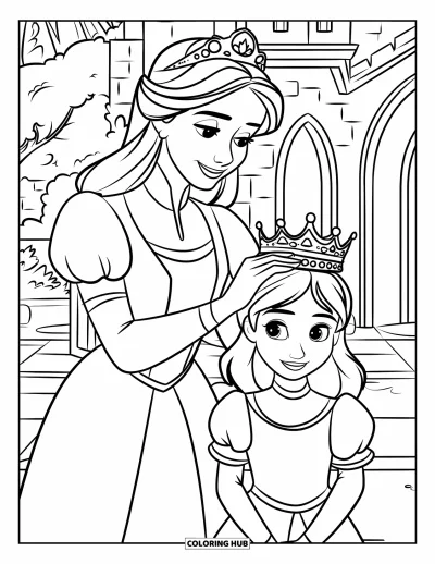 Coloriage de reine pour enfants : Une reine majestueuse couronne une princesse dans un couloir de château en pierre