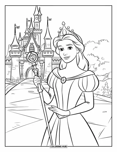 Coloriage de reine pour enfants : Une reine majestueuse en longue robe tient un sceptre devant son château de pierre