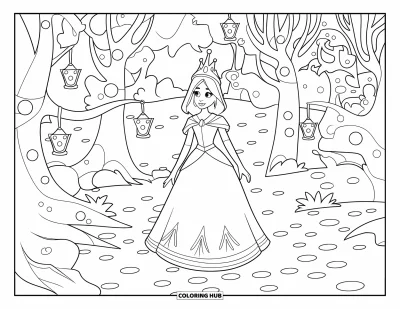 Coloriage de reine pour enfants : Une reine élégante marche sous des lanternes lumineuses dans une forêt féerique
