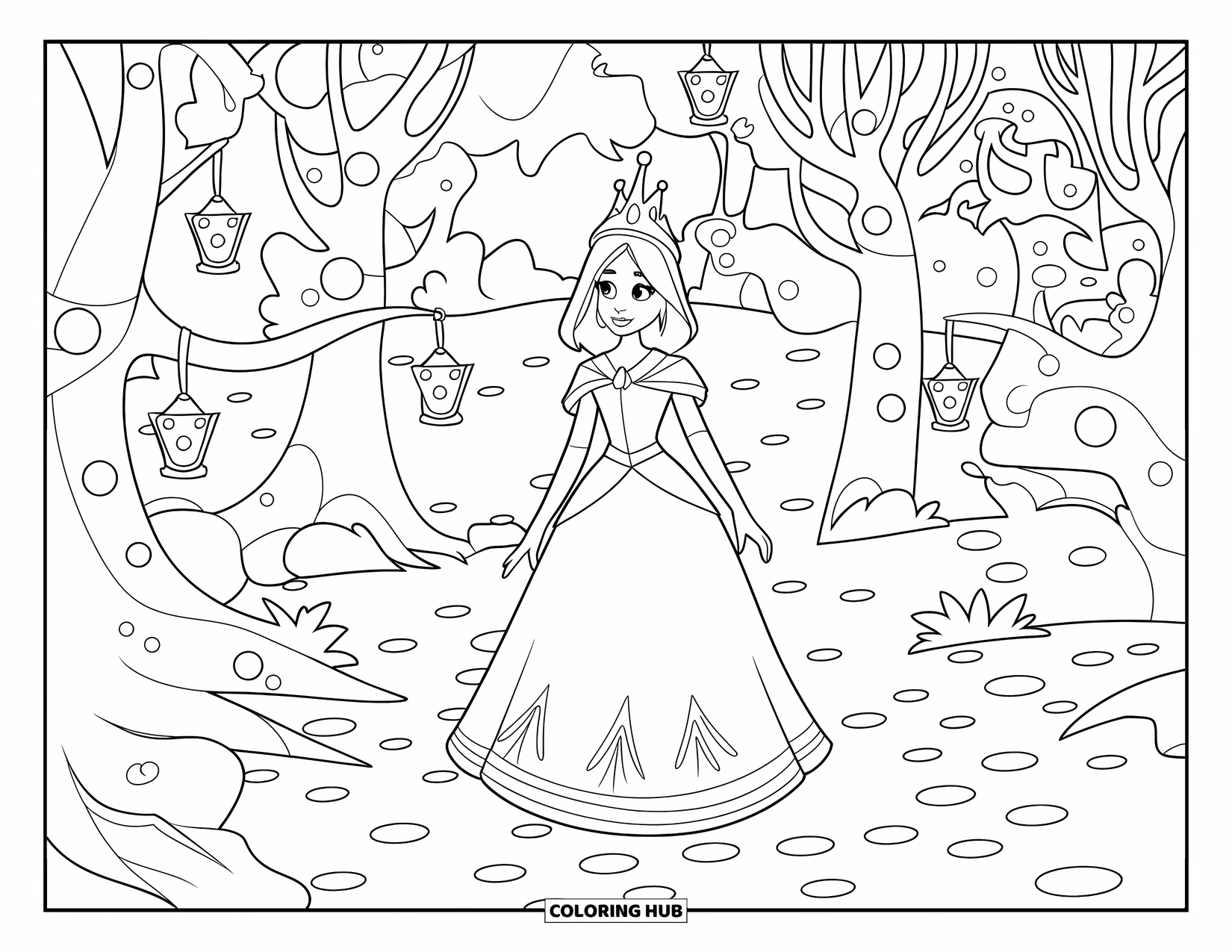 Queen Coloring Page for Kids: A regal queen walks under glowing lanterns in a magical forest