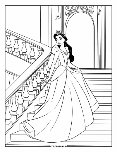 Coloriage de reine pour enfants : Une reine élégante monte des escaliers de palais encadrée d'arches ornées