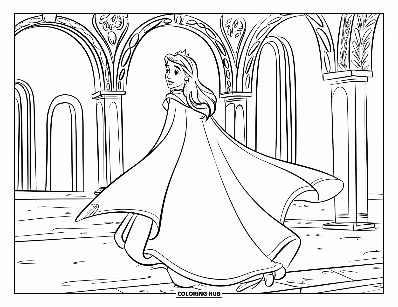 Queen Coloring Page for Kids: A regal queen with long hair strolls through a carved palace hallway
