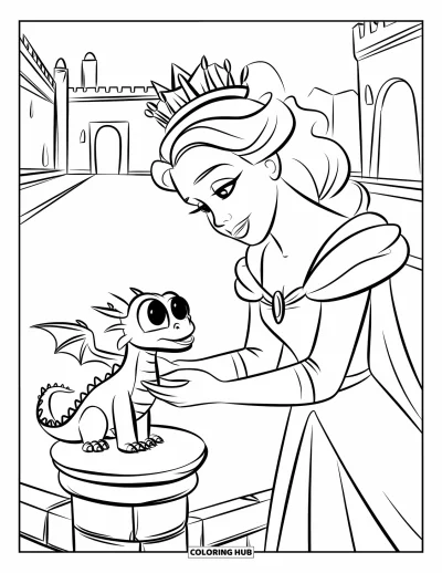 Coloriage de reine pour enfants : Une reine royale nourrit un petit dragon perché sur un pilier de pierre