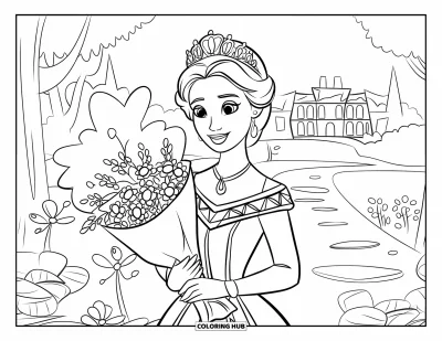 Coloriage de reine pour enfants : Une reine royale tient des fleurs sur un chemin de pierre entouré d'arbres et d'un palais