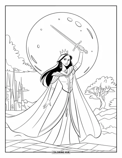 Coloriage de reine pour enfants : Une reine royale lève son épée sur un sol rocheux sous une grande lune