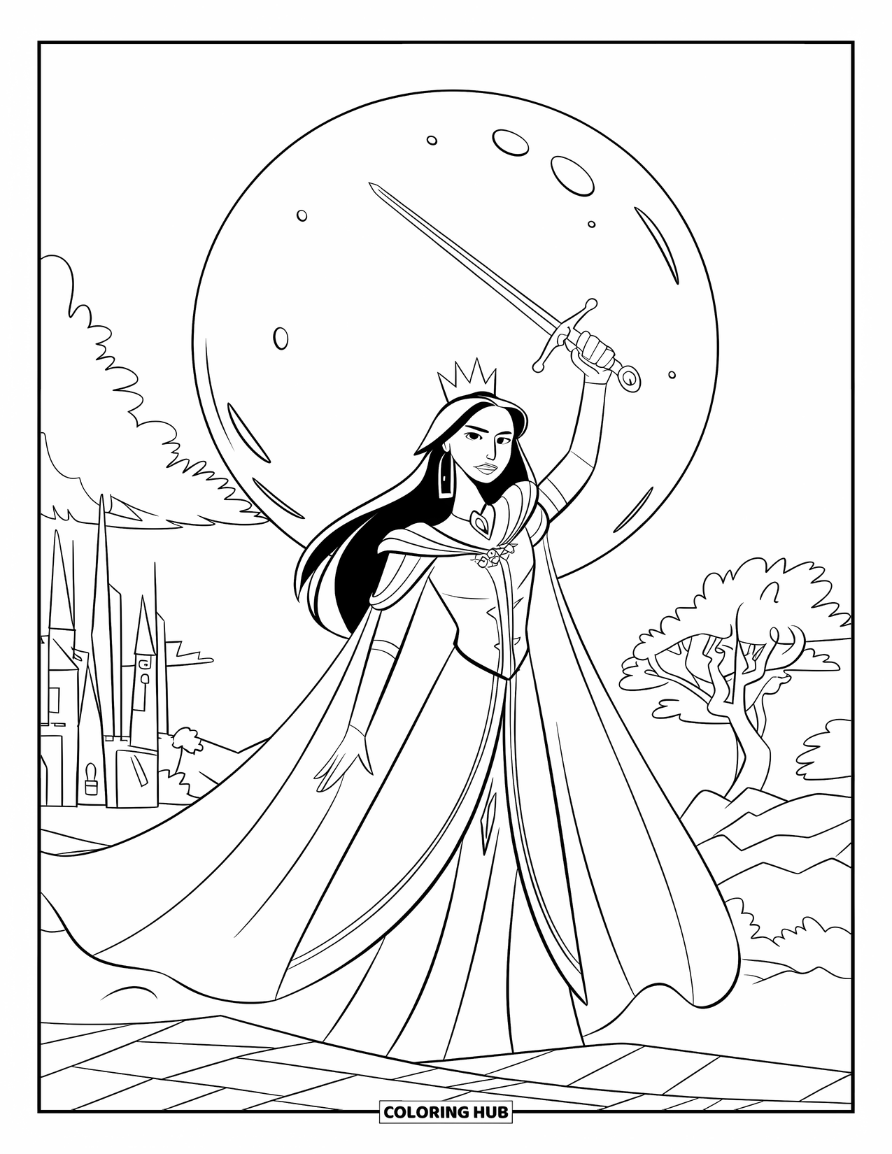 Queen Coloring Page for Kids: A royal queen lifts her sword on rocky ground beneath a large moon