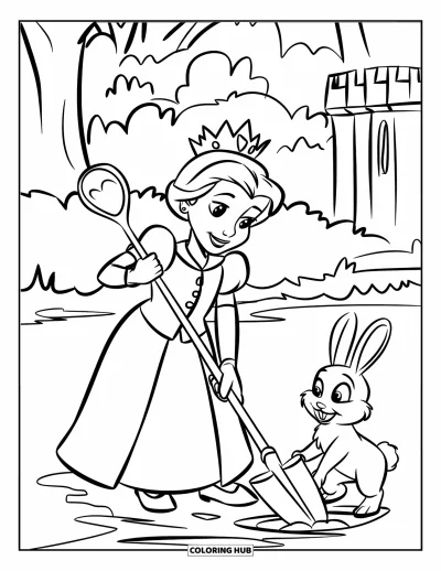 Coloriage de reine pour enfants : Une reine royale plante un arbre près d'un lapin duveteux au bord d'un château