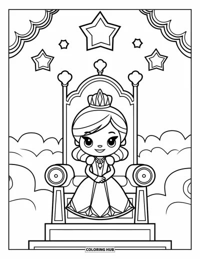 Coloriage de reine pour enfants : Une reine royale se repose sur un trône décoré entouré de nuages et d'étoiles
