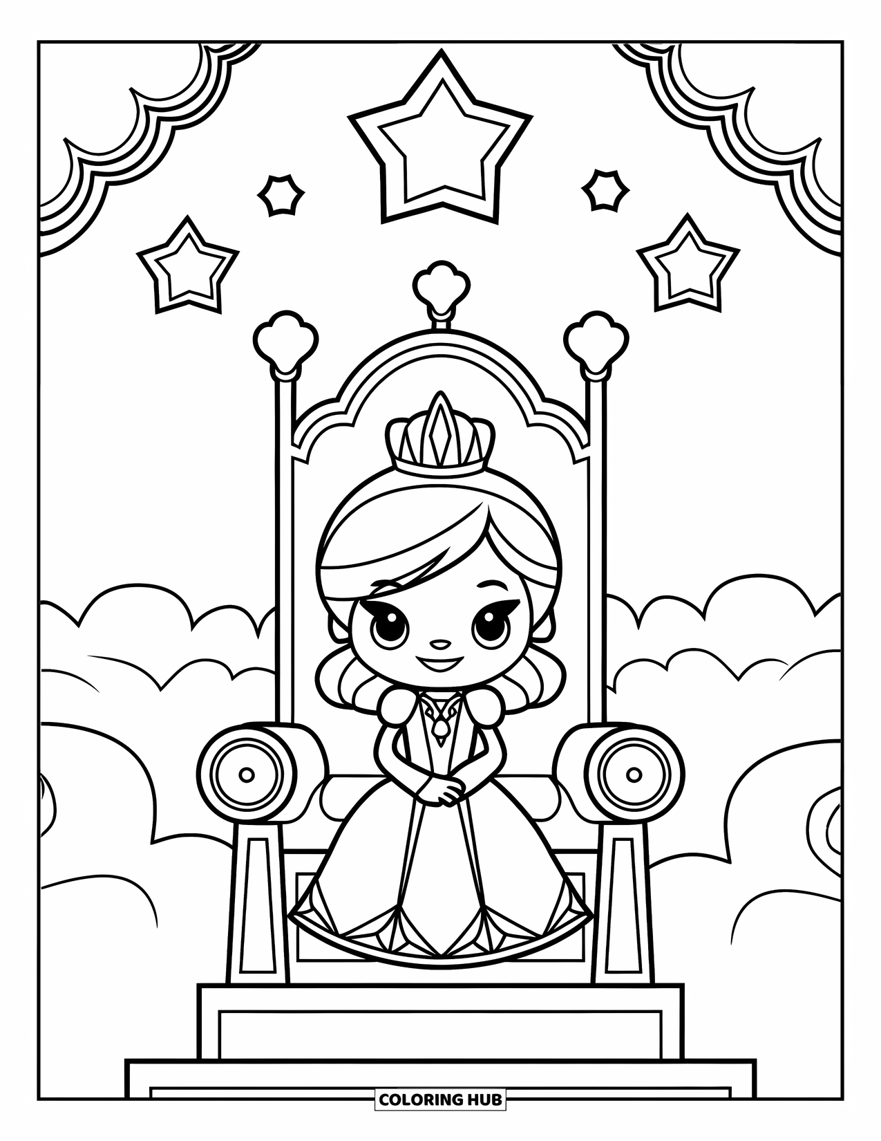 Queen Coloring Page for Kids: A royal queen rests on a decorated throne surrounded by clouds and stars