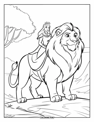 Coloriage de reine pour enfants : Une reine royale chevauche un lion sur un terrain rocheux avec des arbres alentour