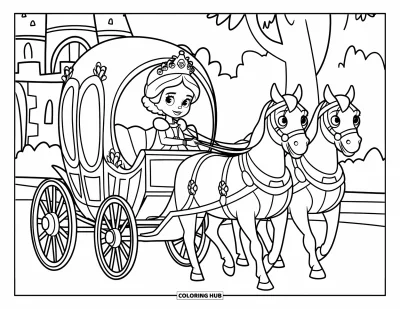 Coloriage de reine pour enfants : Une reine royale monte dans un carrosse près d'un château entouré d'arbres