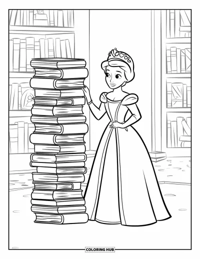 Coloriage de reine pour enfants : Une reine royale se tient près d'une grande pile de livres dans une bibliothèque majestueuse