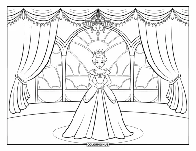 Coloriage de reine pour enfants : Une reine élégante se tient dans une salle de bal éclairée par un lustre avec de grandes fenêtres