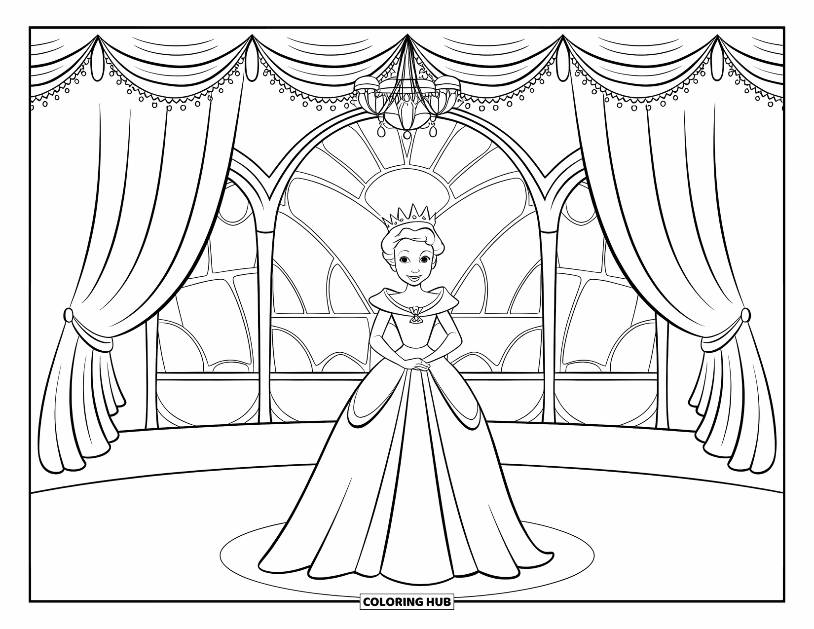 Queen Coloring Page for Kids: A royal queen stands in a chandelier-lit ballroom with large windows