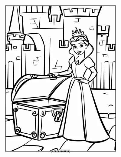 Coloriage de reine pour enfants : Une reine royale se tient près d'un coffre au trésor fermé dans la cour d'un château