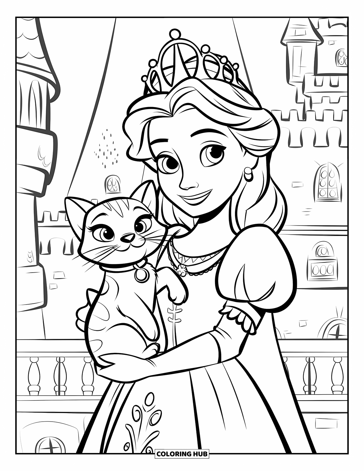 Queen Coloring Page for Kids: A royal queen stands with her leashed cat near castle towers and windows