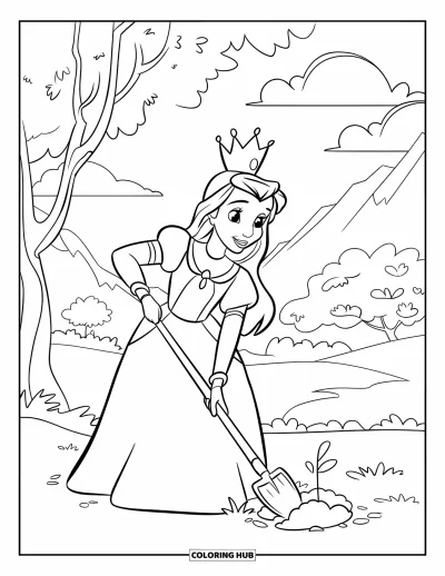Coloriage de reine pour enfants : Une reine souriante plante un arbre dans une forêt avec des montagnes et un arc-en-ciel