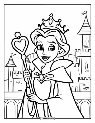 Coloriage de reine pour enfants : Une reine souriante avec un sceptre en cœur se tient près d'un château à tourelles