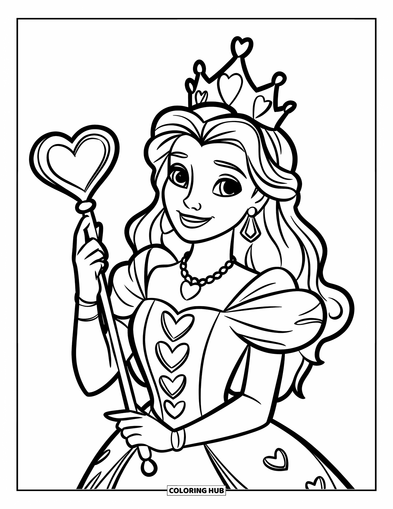 Queen Coloring Page for Kids: A warm queen with flowing hair holds a heart-shaped scepter and smiles brightly