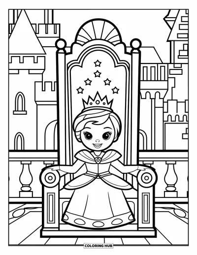 Coloriage de reine pour enfants : Une jeune reine en robe royale est assise sur un trône ouvragé près d'un château