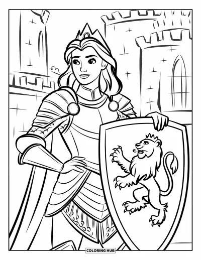 Coloriage de reine pour enfants : Une reine en armure se tient près d'un bouclier orné d'un lion devant des tours de château