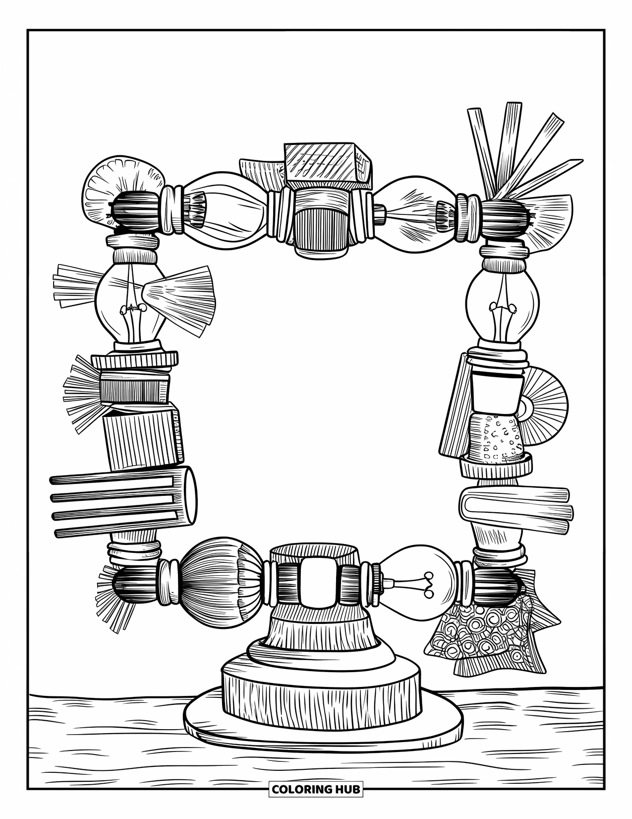Recycling Coloring Page for Adults: Decorative frame built from reused materials on a wooden base