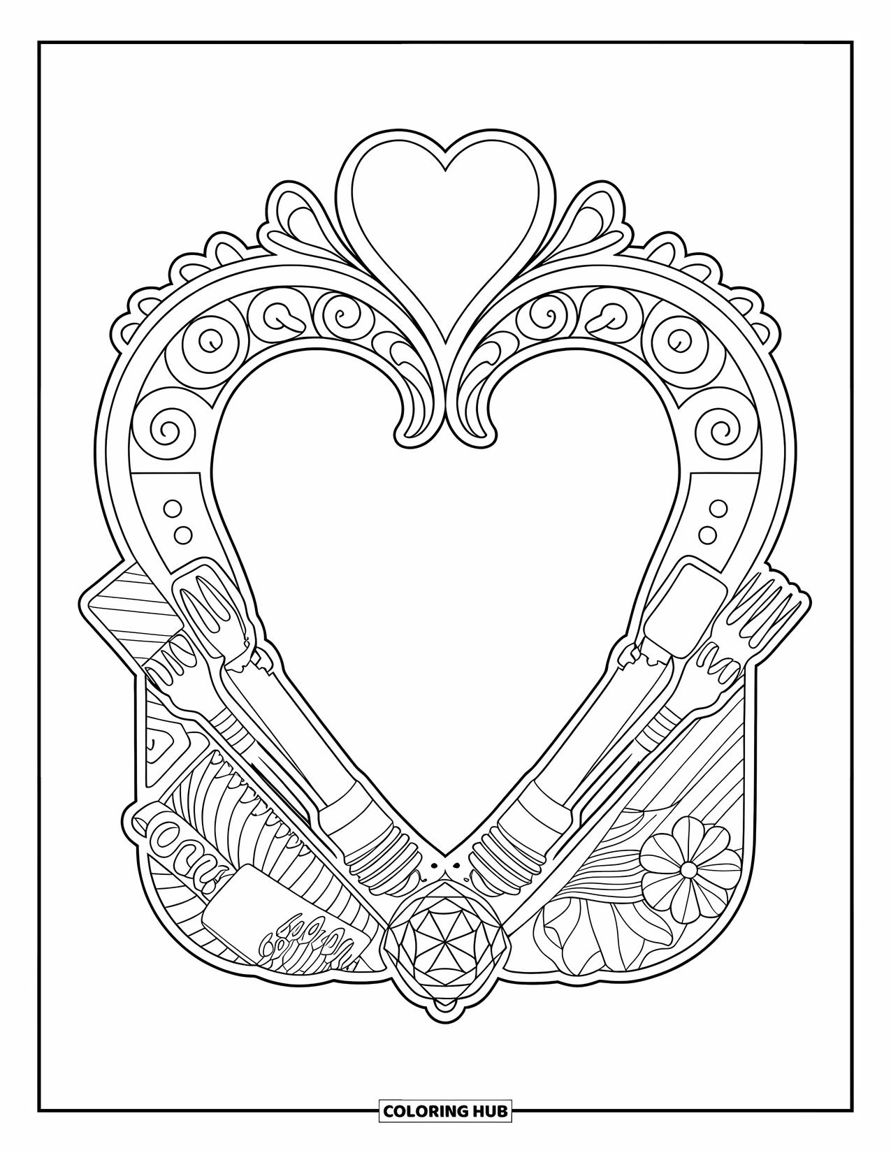 Recycling Coloring Page for Adults: Detailed ornamental frame with reused items and a heart-shaped top