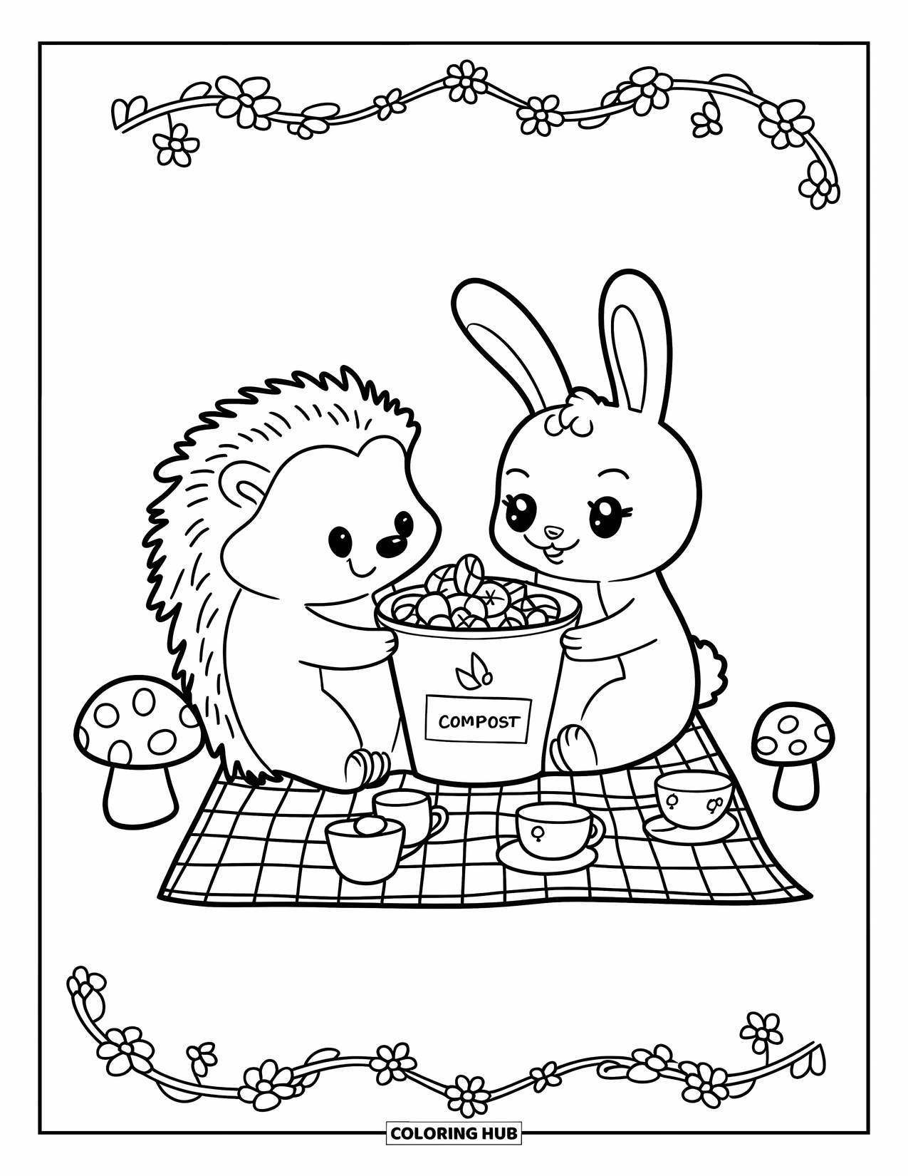Recycling Coloring Page for Adults: Dot-to-dot forest picnic with hedgehog and bunny using a compost bin