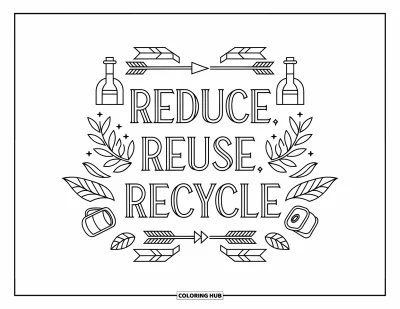 Kierrätysvärityskuva aikuisille: Monimutkaiset nuolet ja eko-esineet lainauksen "Reduce, Reuse, Recycle" ympärillä