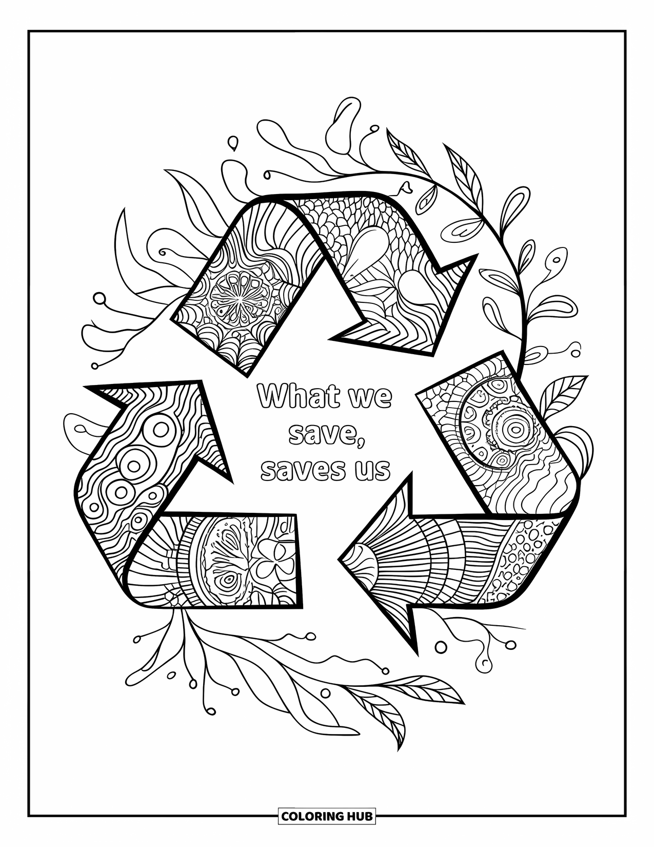 Recycling Coloring Page for Adults: Intricate recycling triangle with patterns and quote "What we save, saves us"
