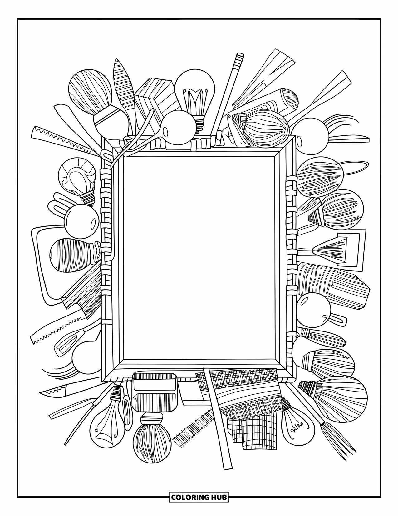 Recycling Coloring Page for Adults: Ornamental frame made of reused items like bulbs, cardboard, and utensils