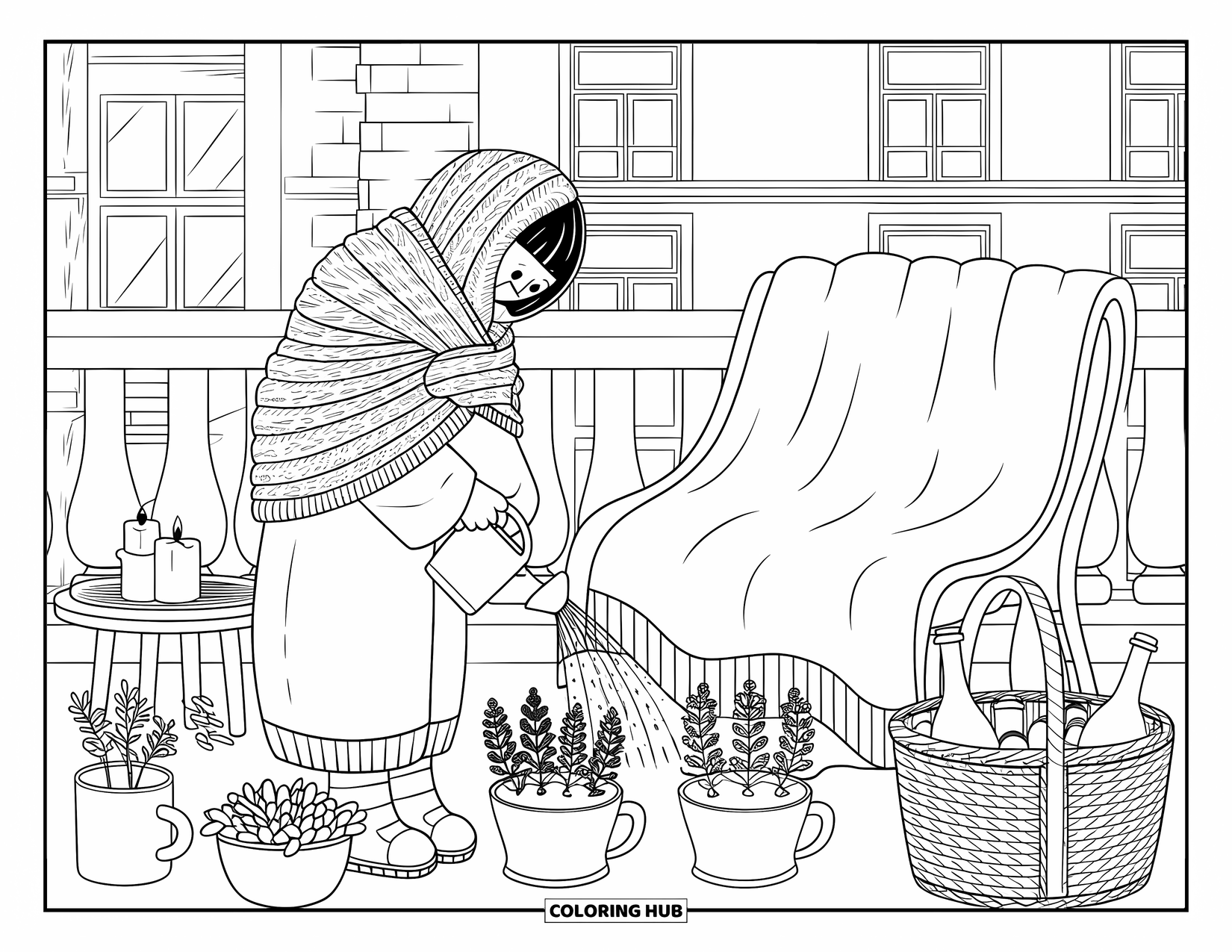 Recycling Coloring Page for Adults: Person in a shawl watering herbs in mugs on a balcony