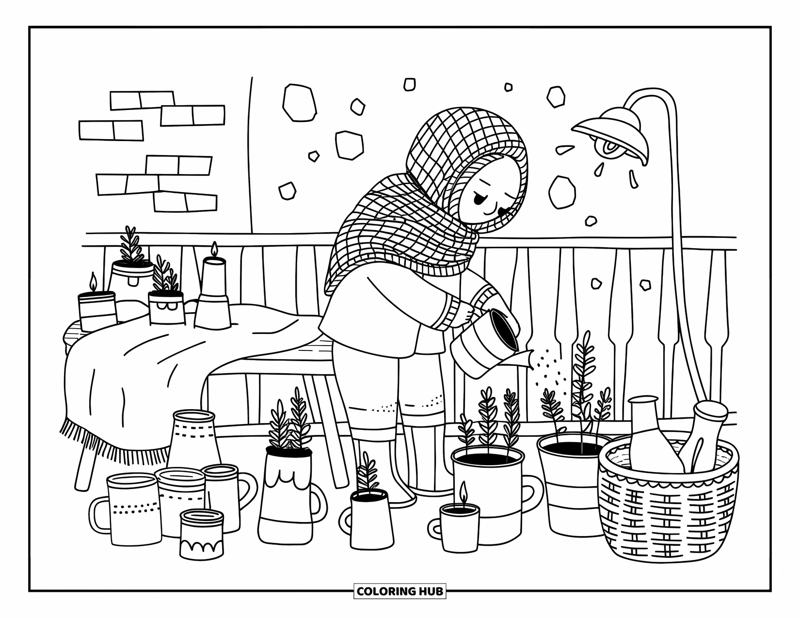 Recycling Coloring Page for Adults: Person watering herbs on a balcony with rustic, handmade decor
