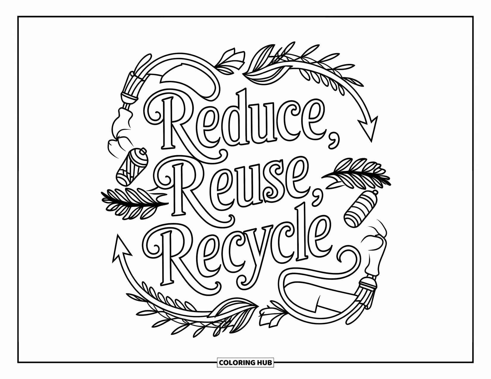 Recycling Coloring Page for Adults: Quote "Reduce, Reuse, Recycle" with arrows, leaves, and reusable items around it