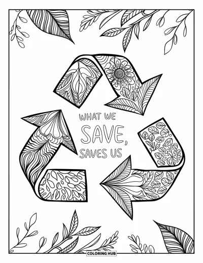 Kierrätysvärityskuva aikuisille: Lainaus "What we save, saves us" koristeellisen kierrätyskolmion sisällä