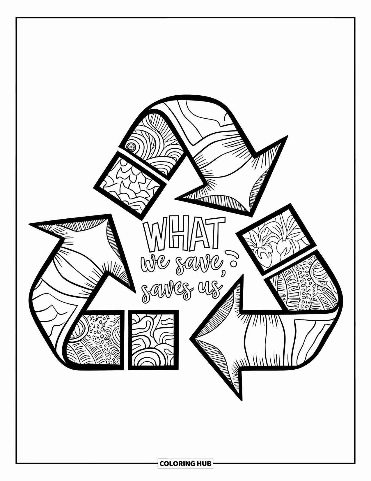 Recycling Coloring Page for Adults: Recycling triangle filled with eco symbols featuring quote "What we save, saves us"
