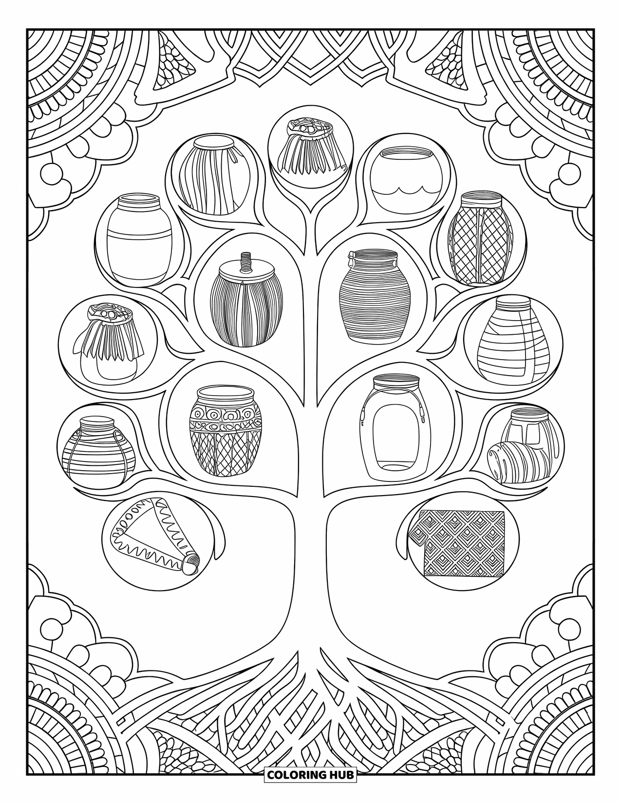 Recycling Coloring Page for Adults: Stylized tree of life with branches ending in reused objects and tools