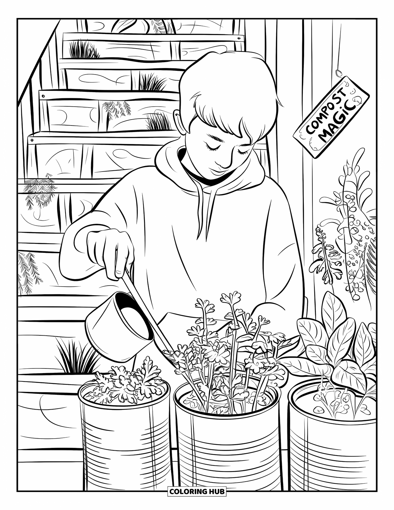 Recycling Coloring Page for Adults: Teen watering herbs in recycled cans beside a handmade garden sign