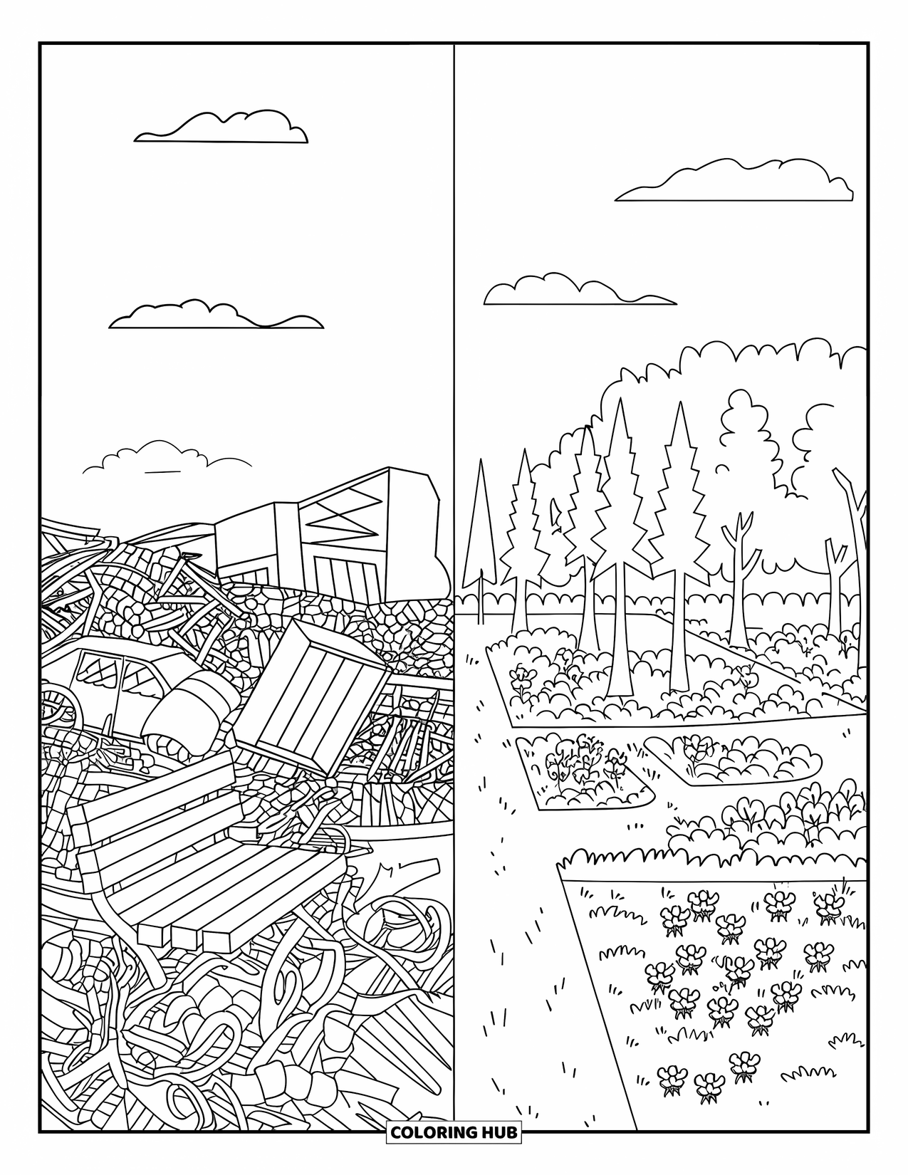 Recycling Coloring Page for Adults: Transformation scene from landfill to lush community garden with benches and paths