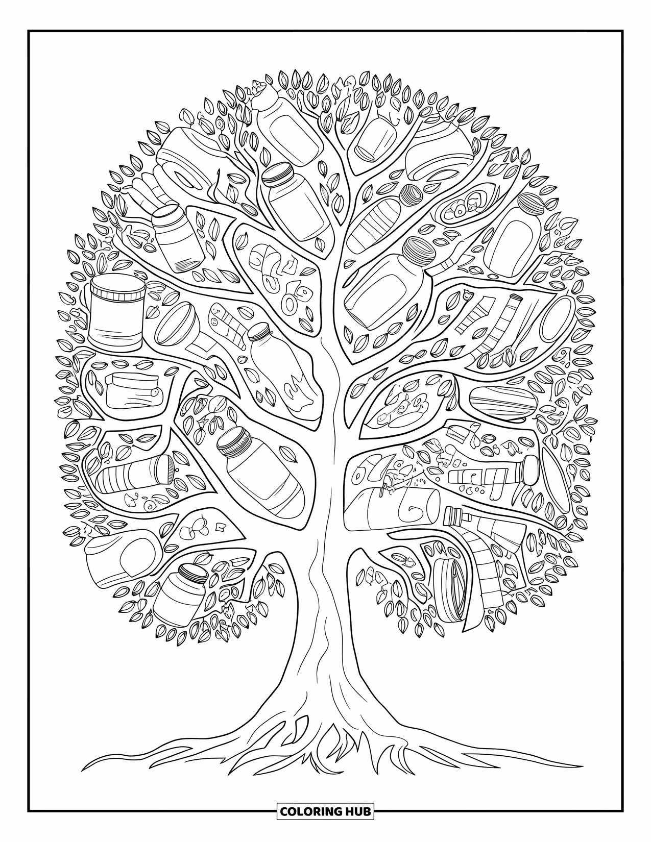 Recycling Coloring Page for Adults: Tree of life with branches ending in jars, fabrics, and tools