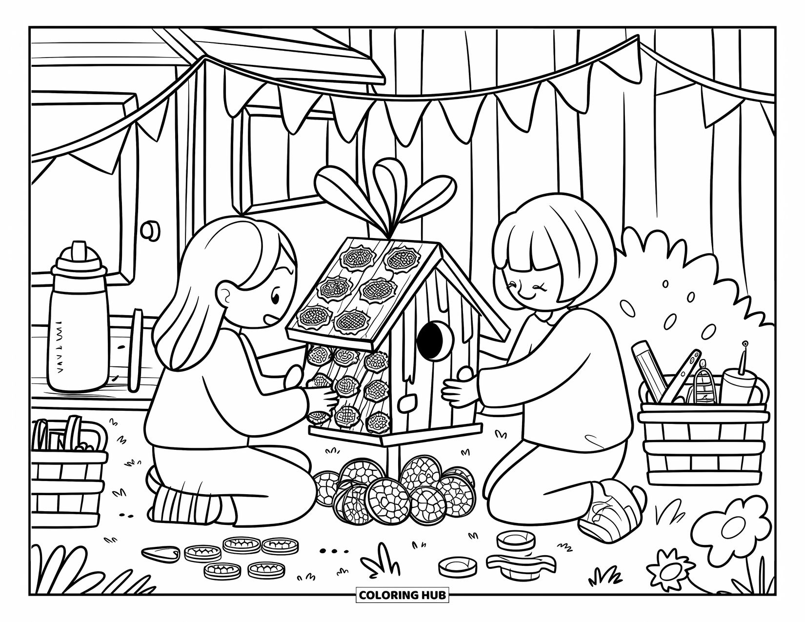 Recycling Coloring Page for Adults: Two friends building a birdhouse from reused wood in a cozy garden