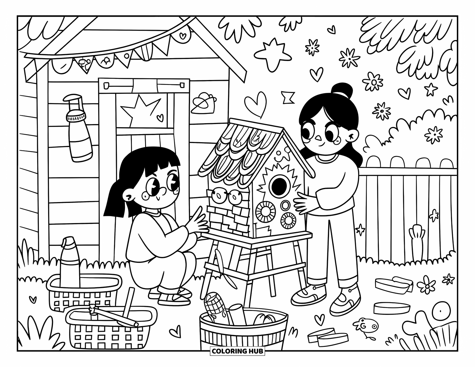 Recycling Coloring Page for Adults: Two friends making a birdhouse surrounded by cute garden decorations