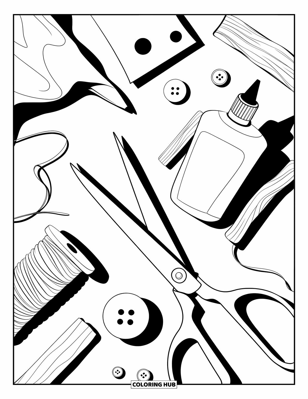 Recycling Coloring Page for Adults: Upcycling tools arranged neatly with scissors, glue, thread, scraps, and buttons