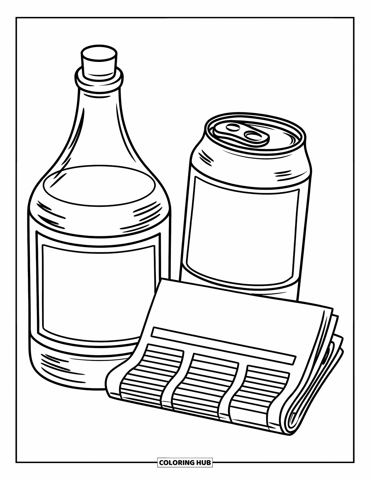 Recycling Coloring Page for Kids: Bottle, can, and newspaper with smiling labels